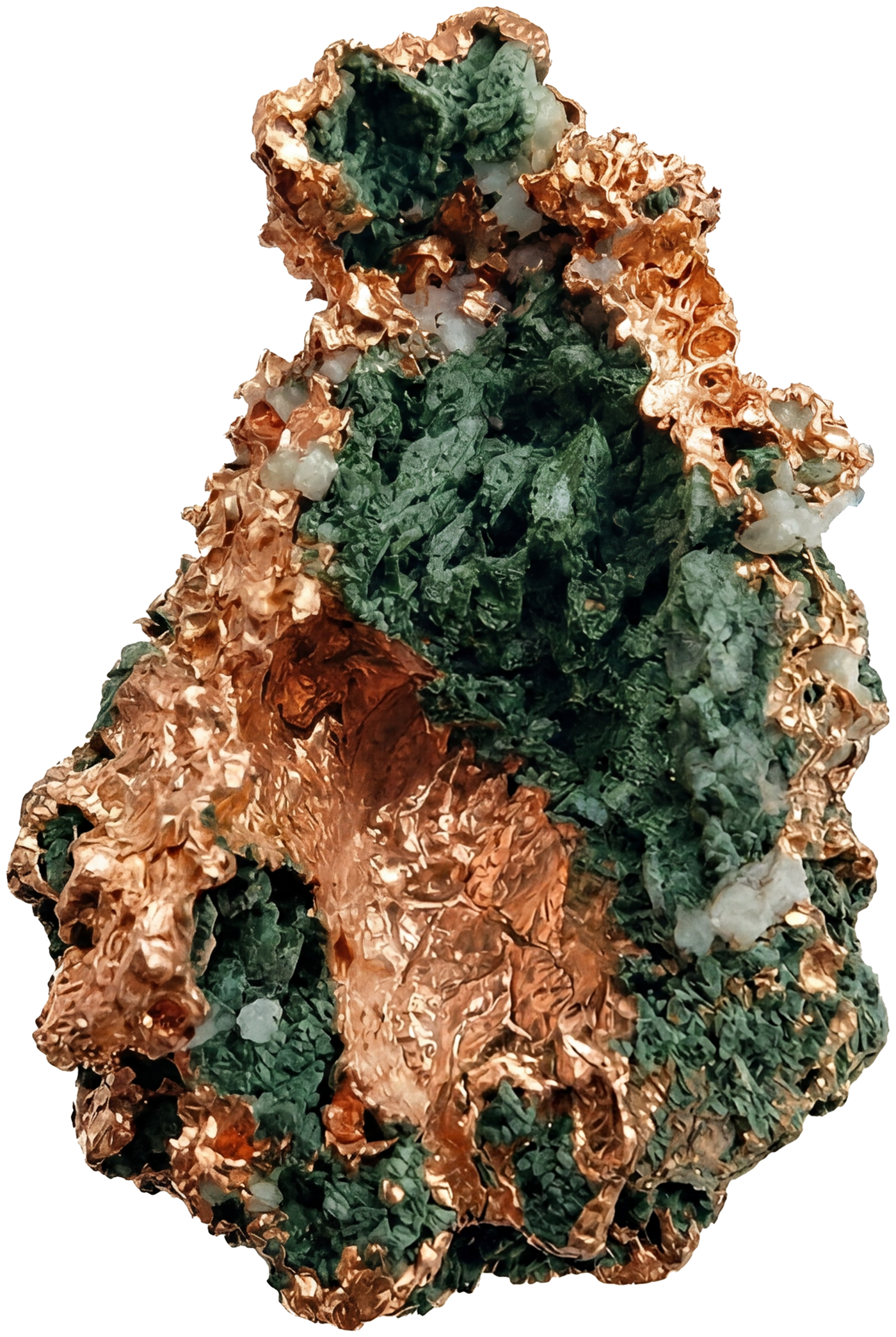 Pieza mineral de cobre nativo y malaquita, imagen de identidad de Merced